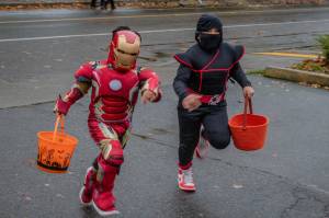 Kids rush to the Vashon Chamber of Commerce to collect candy on Halloween night, 2024. As is traditional on Vashon, Vashon Highway will once again close to traffic between Ober Park and Vashon Theatre from 5-8 p.m. on Halloween. (Alex Bruell Photo)