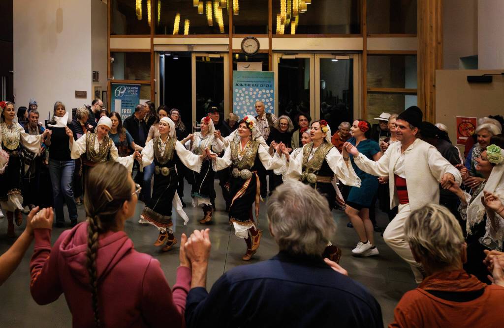 Audience members joined Balkan Night performers in joyous dancing in VCAs lobby after the show. (Steve Rocketar Photo/www.rocketkar.com)