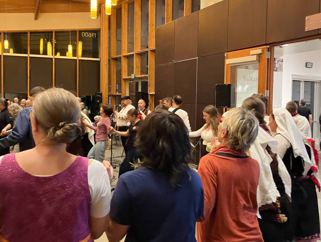 Sally Jean Fox, third from left in foreground, dances in the lobby at Balkan Nights. (Elizabeth Shepherd Photo)