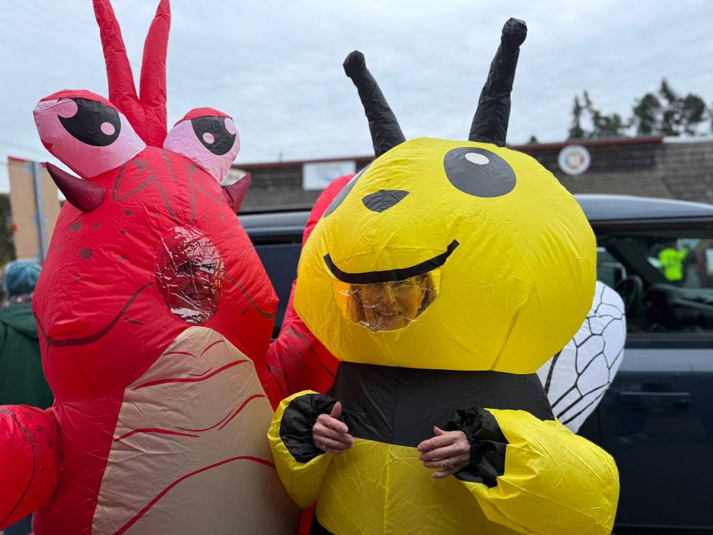 (Aspen Anderson Photo)
Deb Stuart, in an inflatable lobster suit, and MJ McCulloch, dressed as a bee, take part in Saturdays protest in Vashons town center. (Aspen Anderson Photo)
