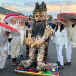 From Halloween 2023, islander Matt Beursken, dressed as Edgar the Forest King, stands with The Mushroom 5  Phil Levin, Amy Greenberg, Veronica Fernmoss, Elizabeth Braverman, and Brad Roter. (Liz Shepherd Photo)