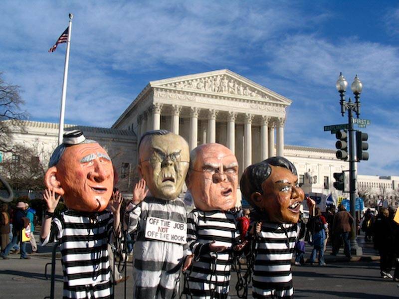 Backbone Campaigns original Bush/Cheney chain gang debuts at a large public demonstration in New York City on April 29, 2006. (Courtesy photo)