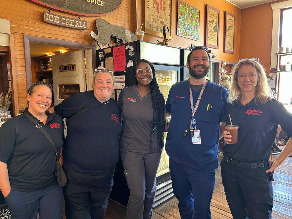 Left to right: Sarah, RN learning observer with Mobile Integrated Health; Katie Burke, RN with MIH; two representatives from DispatchHealth; and Lisa Coley, LICSW with MIH. (Vashon Island Fire Rescue Photo)