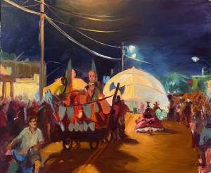 Night Riders, an oil painting by Pam Ingalls depicting Vashons Stupid Bike Night, is part of the artists studio tour exhibition at Dig Deep Gardens. (Courtesy Photo)