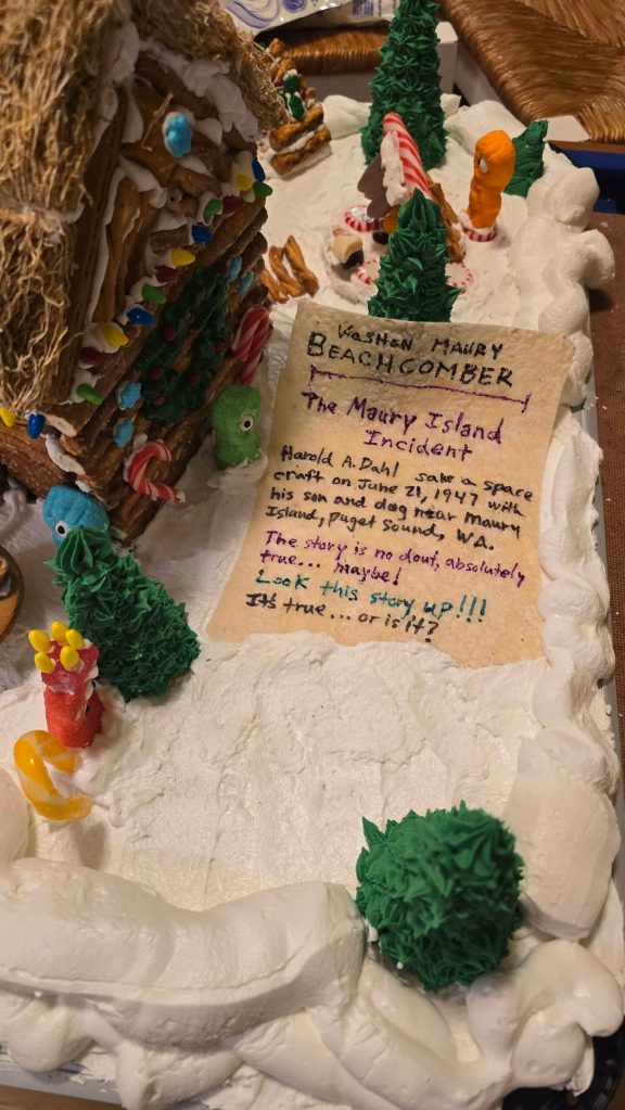 Garrett and Russell Dorr said their gingerbread house was inspired by a recent Beachcomber article about the Maury Island incident. (Courtesy Photo)
