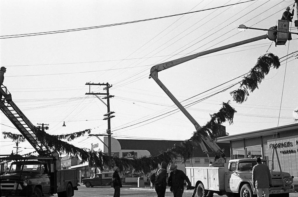 Christmas decorations are hung across the highway on Vashon in 1963. (Courtesy Photo)