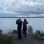 Sue Trevathan and Leslie Brown at Maury Marine Park looking for waterfowl. (Jim Evans Photo)