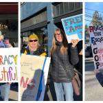 Protesters gather at Vashons four-way stop Tuesday to mark the one-year anniversary of President Donald Trumps second term, beating drums and buckets as passing drivers honked in support. (Tess Halpern Photos)