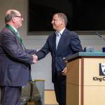 Dively shakes Councilmember Rod Dembowskis hand after being honored for more than 15 years of service. Photo courtesy of King County