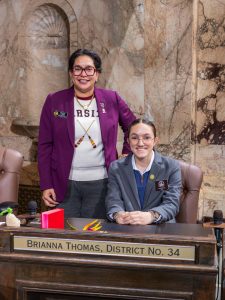 Rep. Brianna Thomas with House Page Jia Khurana on February 12. (Washington State Legislative Support Services Photo)