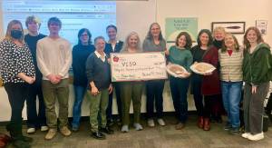 VISD School Board Members and Student Representatives, VISD Superintendent, PIE Board Members Karen Boyle and Shanti Colwell and PIE Award Winners Stephanie Detwiler and Kate Davidson. (Peter Woodbrook Photo)