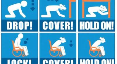 Various infographics remind us how to respond safely when the earth shakes. The upper section pictures a human figure as they drop, cover, and hold on. The lower section describes what a person in a wheelchair should do: lock, cover their head with their hands, and hold on. For what to do in more situations, visit shakeout.org