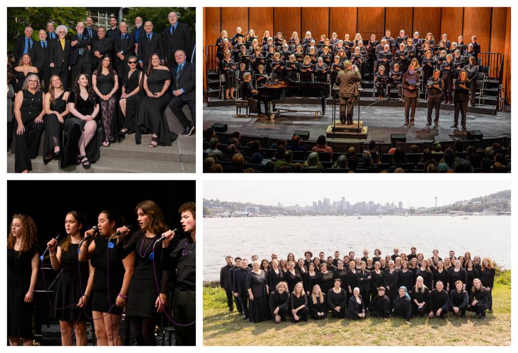 Choral groups performing in the Katherine L. White Invitational Choral Fest include (top, left to right) Blue Street Voices, Vashon Island Chorale, (bottom) Garfield High Schools Ultraviolet and Seattle Pro Musica. (Courtesy Photos)