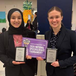 Courtesy Photo
Juniors Iylaf Al Mustafa and Hannah Hillis celebrate qualifying for the National Speech and Debate Association Nationals Tournament. (Courtesy Photo)