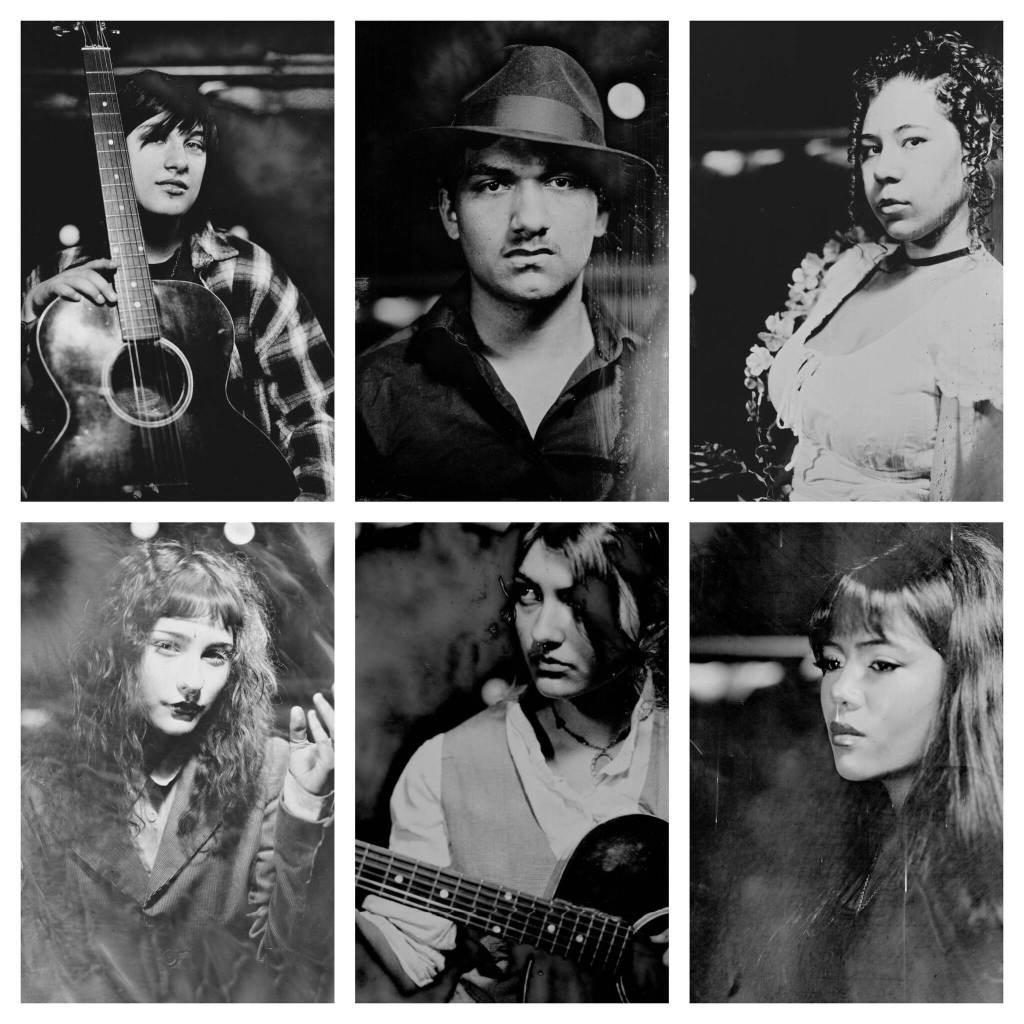 Hadestown Teen Edition cast members (top, from left) Ari Anderson, Sebastian Gallez, Amali Lewis, (bottom) Star DArtell, Callia Brown and Utisah Durahim. <ins>(Ruby and Dirt Seago/Breakfast All Day Tintype Studio Photos) </ins>