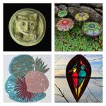 Photos Courtesy of Vashon Island Visual Artists
Works on display across VIVAs Spring Studio Tour include: Here I am, a hand-carved concrete sculpture by Alex Echevarria from WabiSabi Studios, stop 23 (top left), mosaic mushrooms by Clare Dohna at Fletcher, Dohna & Emmons, stop 9 (top right), Sea Shells collage of hand-pulled prints by Lisa Guy, at Quartermaster Press, stop 26 (bottom left) and Woodpeckers in stained glass and cedar by Carly Reiter, at Garbanzo Glass, stop 8 (bottom right).