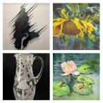 Works on display during VIVAs Spring Studio Tour include: Metal work sculpture Sleet by Craig Stewart at the Iron Garden, Stop 16 (top left), soft pastel Heavy Laden by Janeen Bramwell at the VIVA Tour Center Gallery, Stop 29 (top right), etched glass from Silvija Paza at Glass Heart Etched Glass, Stop 7 (bottom left), and Water Lilies, Mukai by Cathe Gill, whose studio is at Mukai Gardens, Stop 34 (bottom right).
