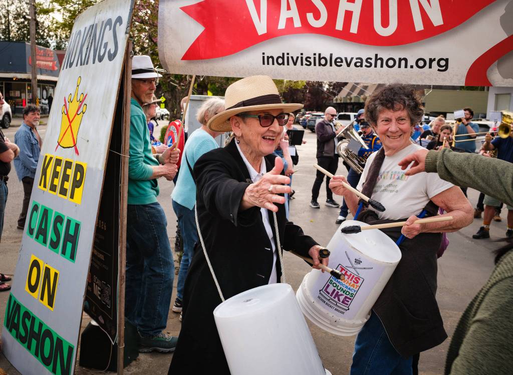 The street band played as islanders marked May Day.
