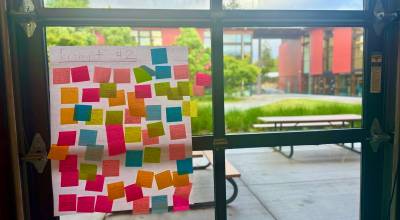 Aspen Anderson Photo
Community members left sticky-note responses during a May 14 forum on Vashon High Schools cell phone policy.