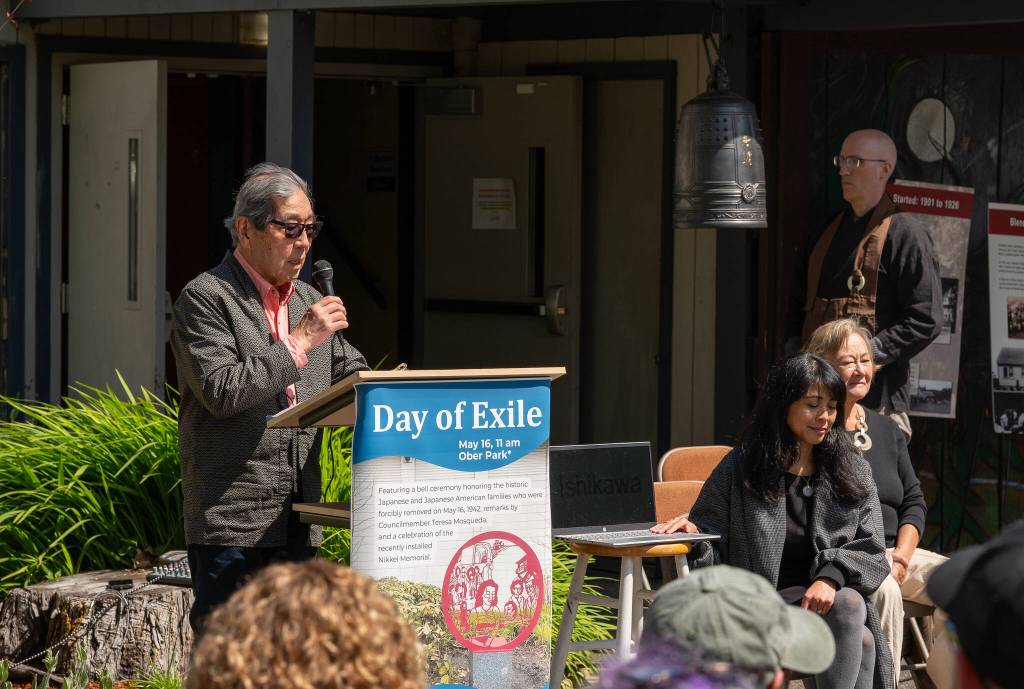 Kent Phelan Photo
Islander Dr. Joe Okimoto reads the family names of those exiled from Vashon during Saturdays Day of Exile program.