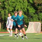 Senior midfielders Quill Tegenfeldt-Pfohman (front) and Avery MacLean helped control the tempo during the Vashon Pirates 3-1 win over Cascade Christian in the District 3 championship on May 14. The Pirates will host second-round and quarterfinal games in the 1A state tournament this weekend.