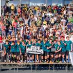Dawn Stief Photos
The Vashon Pirates celebrate their state championship win with fans May 30 at Federal Way Memorial Stadium.
