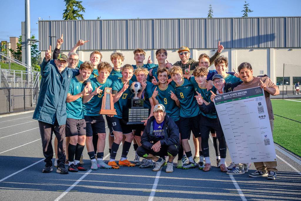 Dawn Stief Photo
The Vashon Pirates boys soccer team celebrates its 2026 WIAA Class 1A state championship.