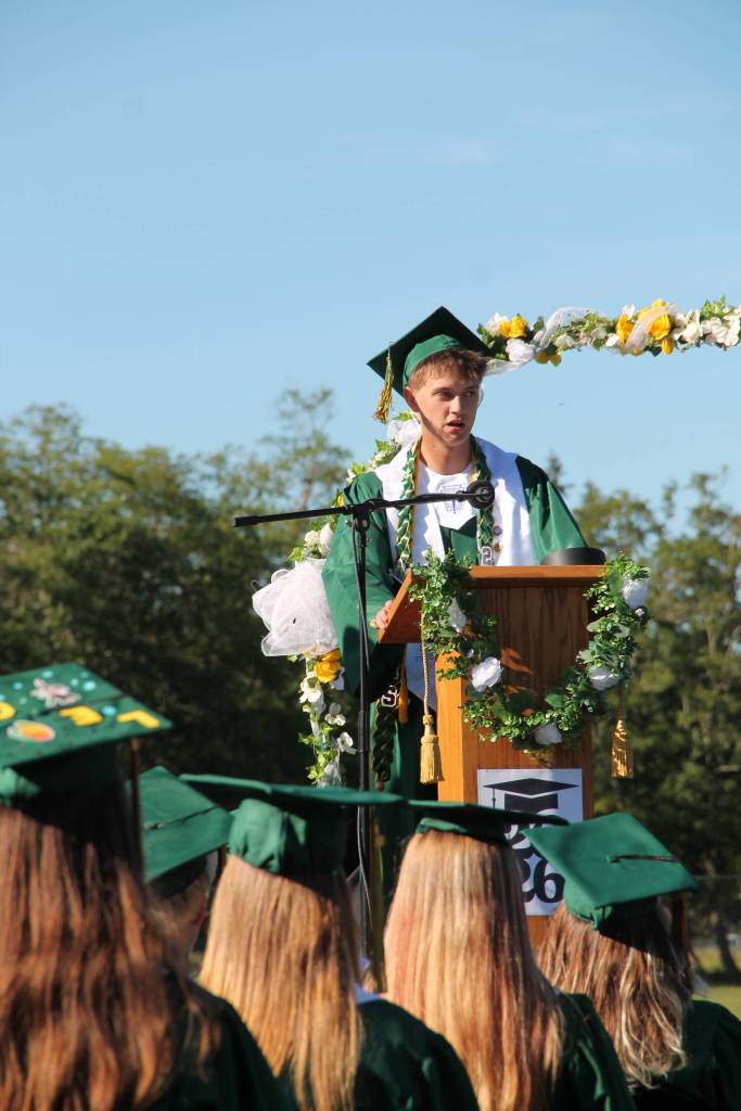 Class speaker Dziga Legry addresses his classmates during Vashon High Schools commencement ceremony Saturday.