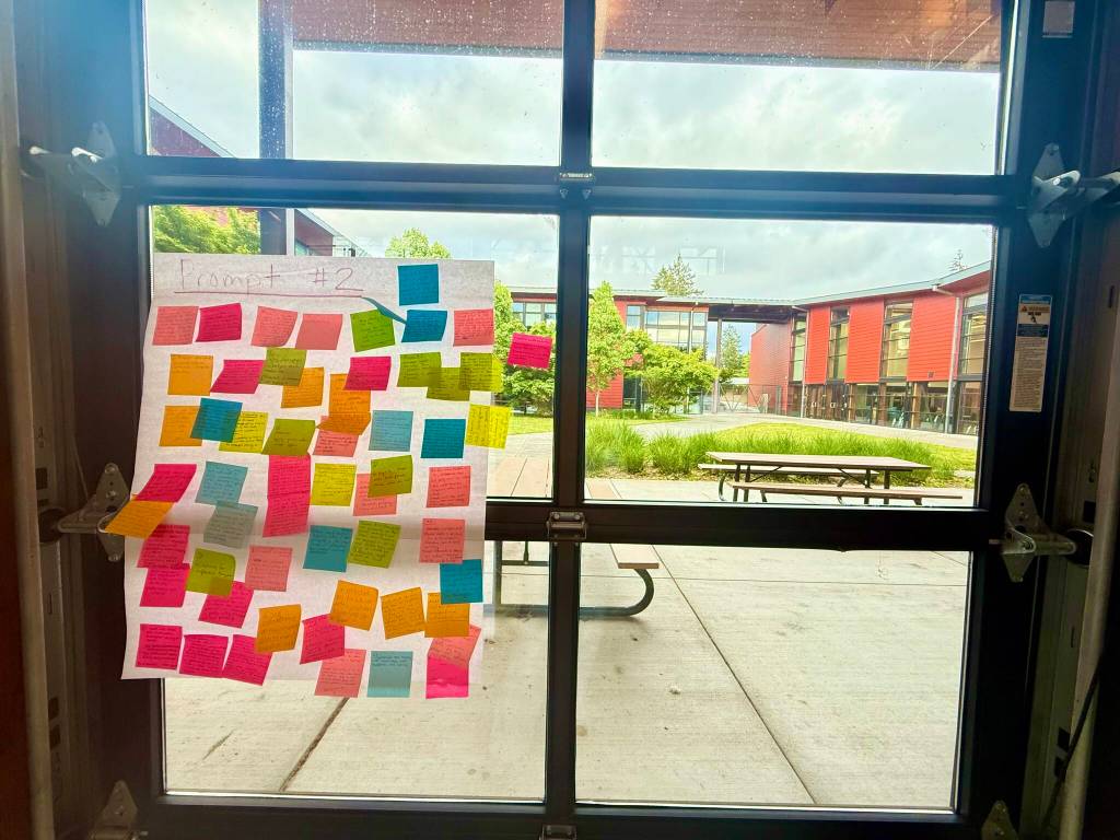 Aspen Anderson Photo
Community members left sticky-note responses during a May 14 forum on Vashon High Schools cell phone policy.