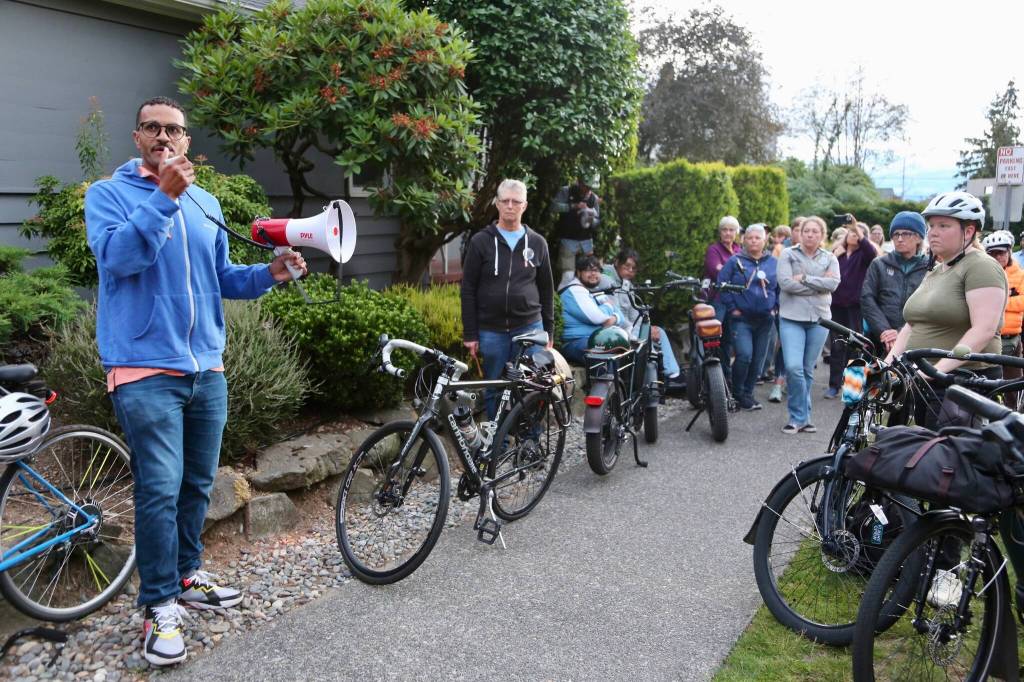 Paul Anderson Photo
Seattle City Councilmember Rob Saka speaks at the memorial site for Maridee Bonadea during Friday nights Critical Mass ride.