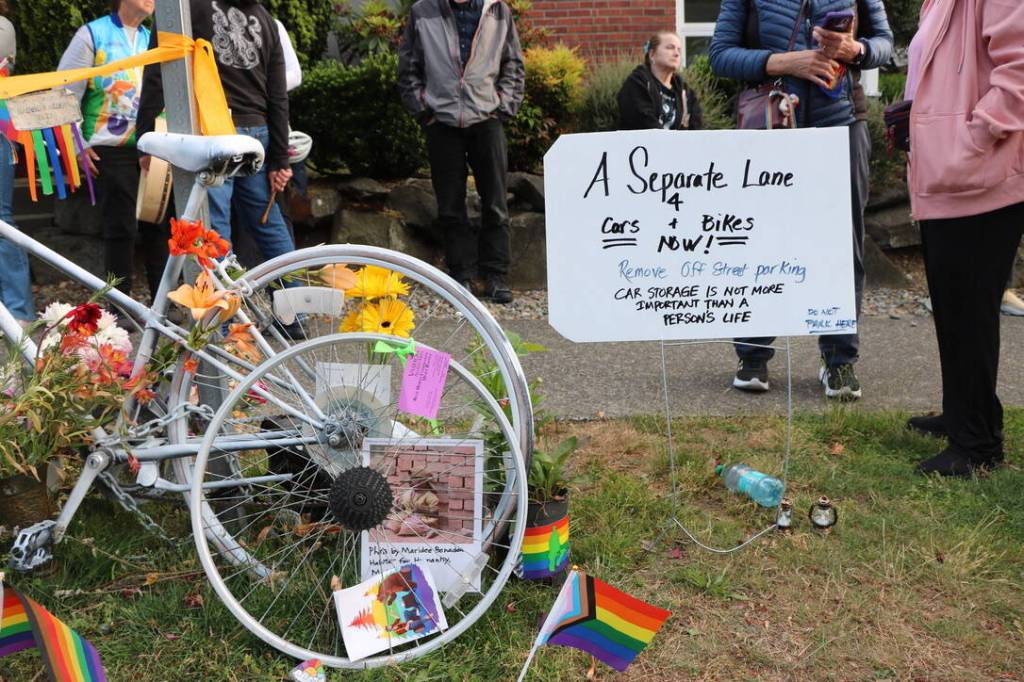 A white ghost bike stands near the West Seattle site where Maridee Bonadea was fatally struck June 15.