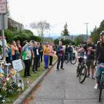 Aspen Anderson Photo
Critical Mass cyclists at the memorial site for Maridee Bonadea near the Fauntleroy ferry dock Friday night.
