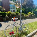 Aspen Anderson Photos
A white-painted ghost bike stands near the Fauntleroy ferry dock in memory of Maridee Bonadea, a lifelong cyclist and beloved islander killed while riding from the ferry.