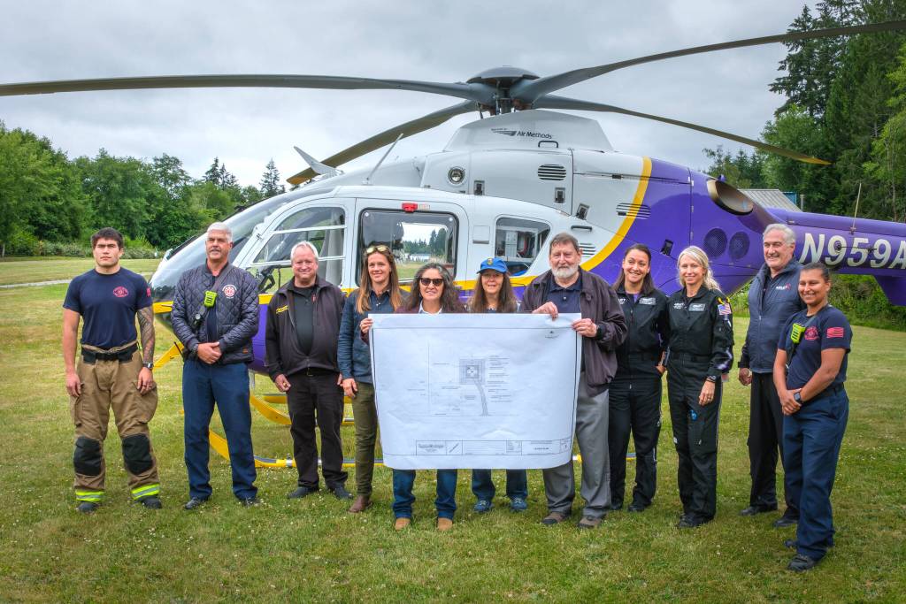 Terry Donnelly Photo
Thunderbird officials, Vashon Island Fire & Rescue leaders, airport commissioners and an Airlift Northwest crew gathered at Vashon Municipal Airport to announce plans for a new emergency helipad.
