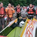Terry Donnelly Photo
Hydroplane racers fasten their life vests at Jensen Point before Vashons annual Fourth of July race around the island.