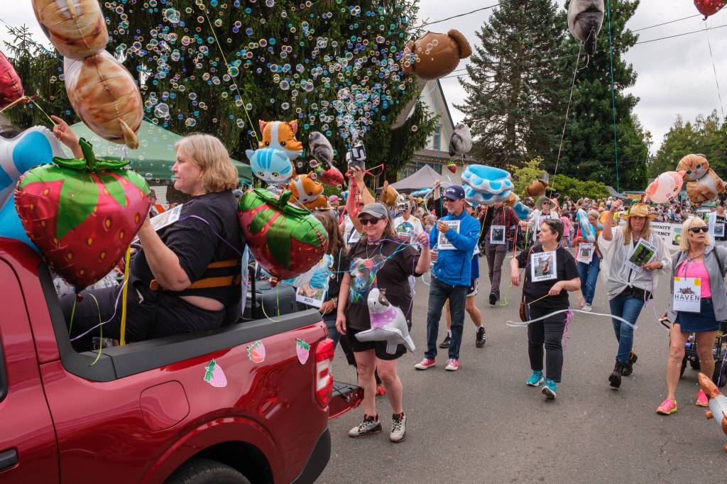 Kent Phelan Photo
Parade participants carry animal-shaped balloons and Adopt Me signs through a cloud of bubbles.