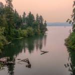 Smoky skies obscure the mouth of Judd Creek and Quartermaster Harbor, viewed from the Judd Creek Bridge. (Terry Donnelly Photo)