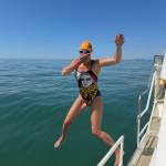 Heidi Skrzypek jumps from the relay boat into the English Channel during the She Creatures crossing to France. (Courtesy Photo)